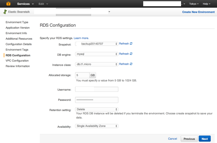 AWS Elastic Beanstalk RDS Configuration