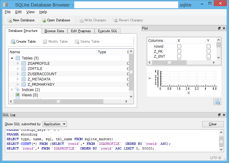 sqlitebrowser 画面