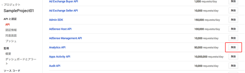 Analytics APIの有効化