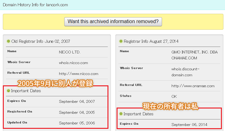 lancork.comのドメイン所有者履歴