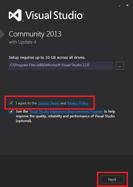 Visual Studio Community 2013 ライセンス同意