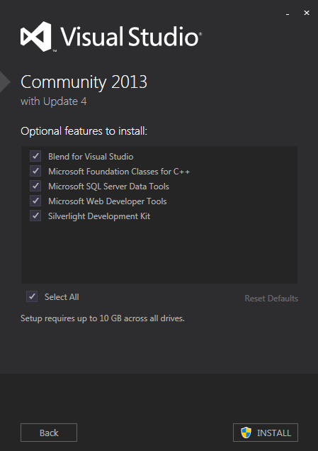 Visual Studio Community 2013 コンポーネント選択