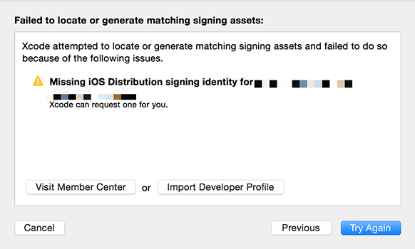 missing ios distribution signing identityエラー