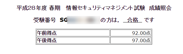 平成28年度春期情報セキュリティマネジメント試験(SG)結果