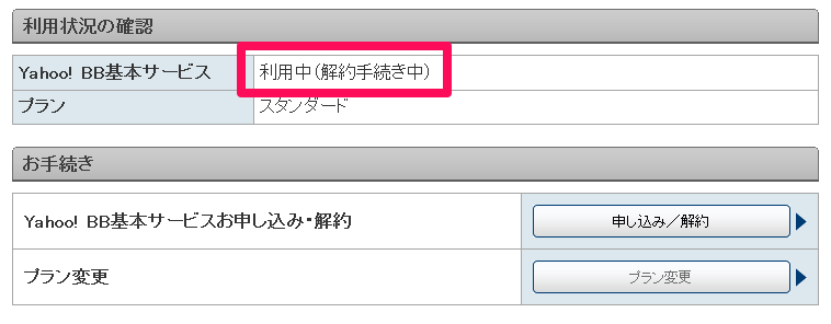 Yahoo! BB基本サービス 解約手続き中