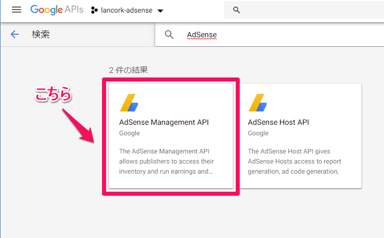 AdSense Management API を選択