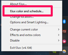 f.lux で「f.lux color and schedule」を開く