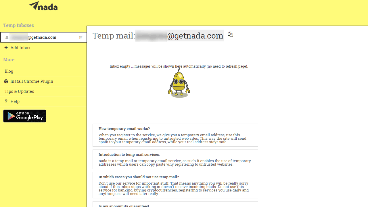 Chromeプラグインもある「Nada – temp mail」